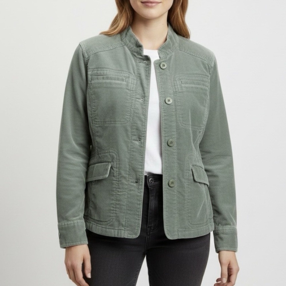 LL Bean Green Button Up Corduroy Jacket Pockets Size SMALL PETITE